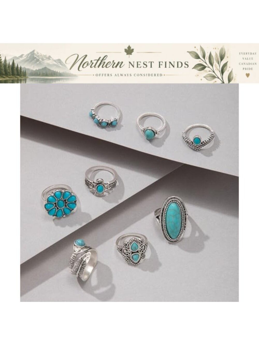 Turquoise Stackable Rings Set Boho Western Adjustable Alloy Ring - Picture 6 of 6